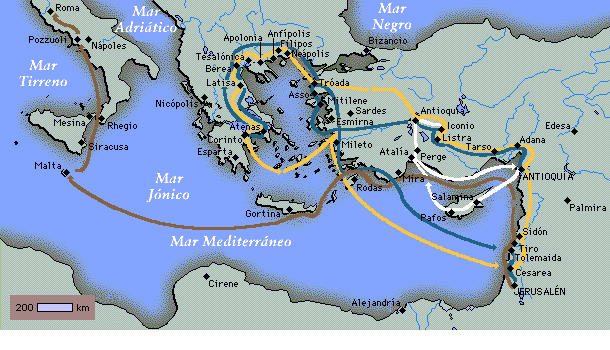 Mapa de los viajes de Pablo. Primer viaje (blanco) Segundo Viaje (Amarillo) 